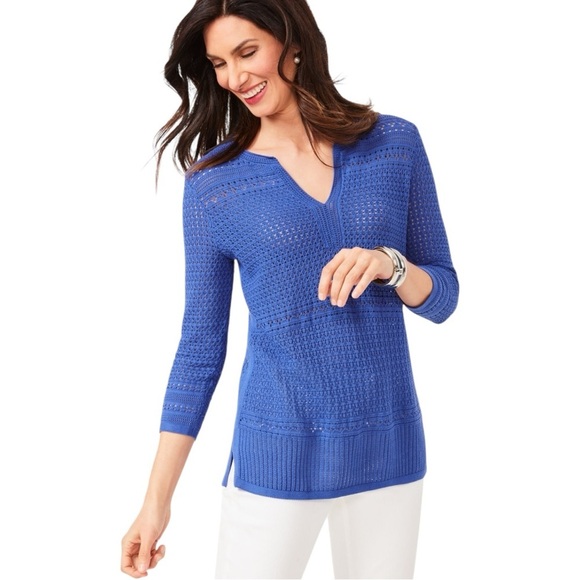 Talbots Open Weave Pointelle Split V-Neck Cotton 3/4 Sleeve Relaxed Fit Blouse - Picture 2 of 11